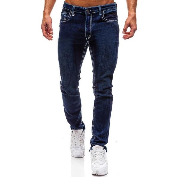 

men casual jeans spring and autumn fashion washed zipper stretch slim straight simple solid color denim pants trousers, Blue