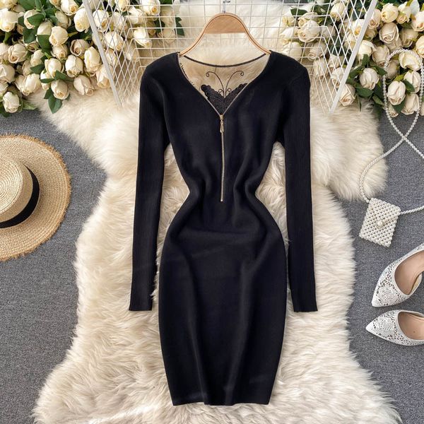 

singreiny design knitted pencil dress women zipper v neck slim short dresses autumn winter butterfly lace backless sweater dress 210419, Black;gray