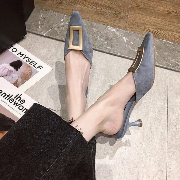 

pointed middle-heeled sandals slippers, Black