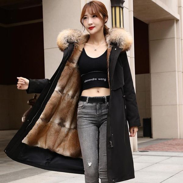 

women's fur & faux women real parka winter jacket long coat lining detachable big natural collar hood, Black