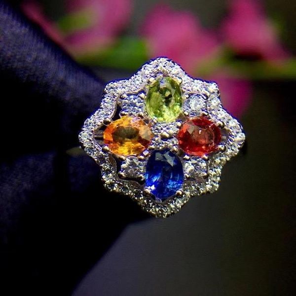 

cluster rings the wedding gift 100% natural and real sapphire ring 925 sterling silver fine handworked jewelry finger, Golden;silver