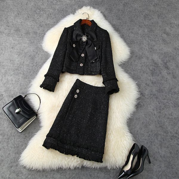 

two piece dress fall autumn long sleeve lapel neck black tweed ribbon tie bow short coat + buttons knee-length skirt 2 s set lsp2511346 0khr, White