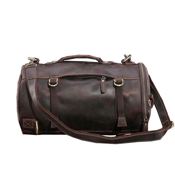 

duffel bags genuine leather barrel-shape backpack men women travel hand luggage bag business big capacity weekend duffle shoulder