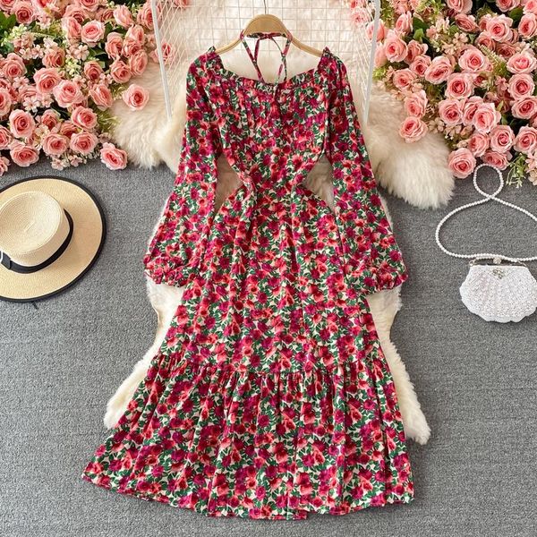 

casual dresses autumn tea break french hepburn style hanging neck square floral dress elegant celebrity big swing, Black;gray