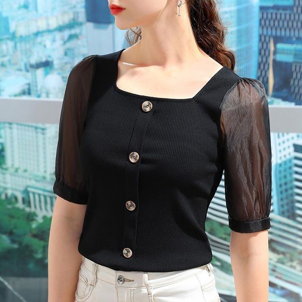 

women's t-shirt modal short sleeve 2021 summer splicing mesh tight square neck top, White