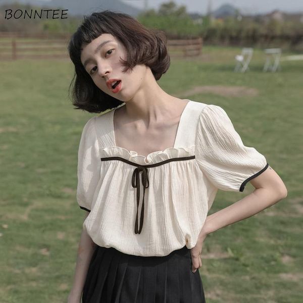 

women's blouses & shirts women simple summer bows beige casual all-match trendy puff sleeve students square collar chiffon loose 2021 u, White