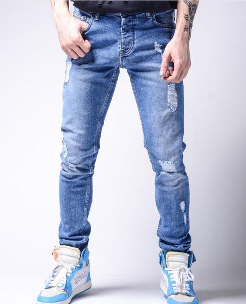 

fashion jeans quality slim fit elastic hole small foot men's pants, Blue
