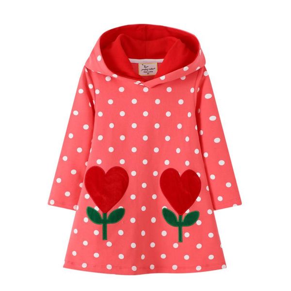 

girl's dresses jumping meters 2021 kids cotton clothes for autumn winter girls hooded dress dot baby long sleeve embroidery casual, Red;yellow