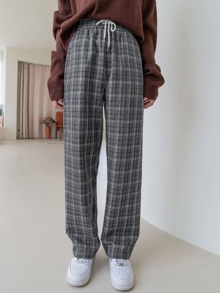 

dazy plaid print slant pockets drawstring waist pants 54y0#, Black;white