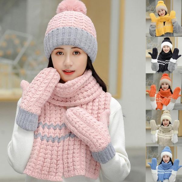 

hats, scarves & gloves sets women winter 3pcs plush lined contrast color beanie hat long scarf set q1qa, Blue;gray