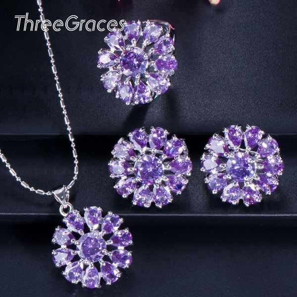 

earrings & necklace threegraces romantic purple cubic zirconia big flower stud ring wedding engagement jewelry set for women js504, Silver