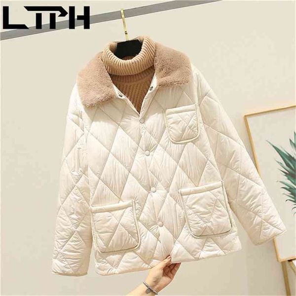 

ltph loose plush lapel woman parkas jacket argyle splicing thicken warm single breasted vintage outerwear spring autumn 210423, Black