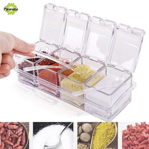 

storage bottles & jars 4grid transparent salt condiment cruet box spice jar set acrylic seasoning with lid spoon kitchen tools