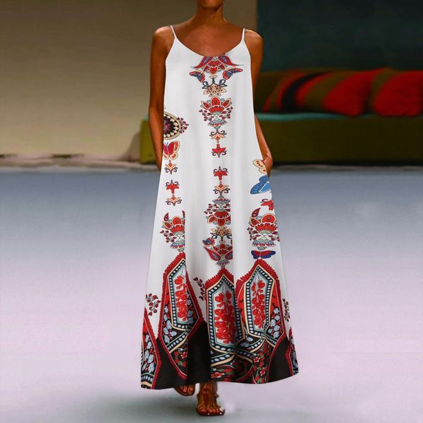 

40 vintage sleeveless maxi women dresses plus size bohemian print pocket strap for casual robe femme vestidos, Black;gray