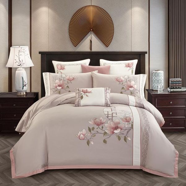 Set di biancheria da letto Magnoli in stile cinese ricamato 4/7 pezzi Set copripiumino federa in cotone egiziano 300TC (Queen King Size)