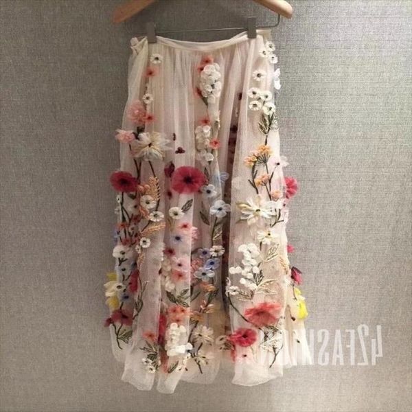 

korean summer sweer flower women skirt embroidery vintage eleagnt high waist a line faldas mujer office lady, Black