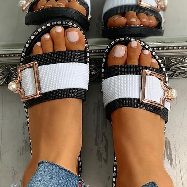 

womens fashion beach slippers slides summer shoes flat crystal sandals outdoor female casual zapatos mujer, Black