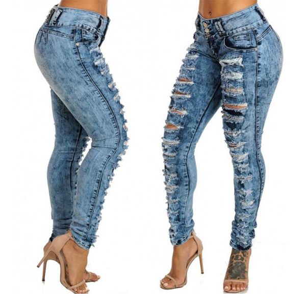 

women's pants & capris lastylisher womens high waist pencil jeans fashion casual blue hole ripped denim trousers pockets lady skinny, Black;white