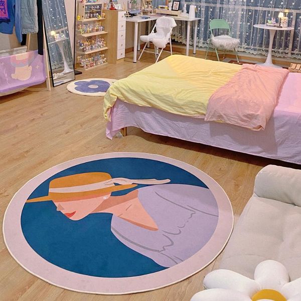 

modern cartoon girls round carpet nordic ins style area rug anti-slip floor doormat for living room bedroom home decor carpets