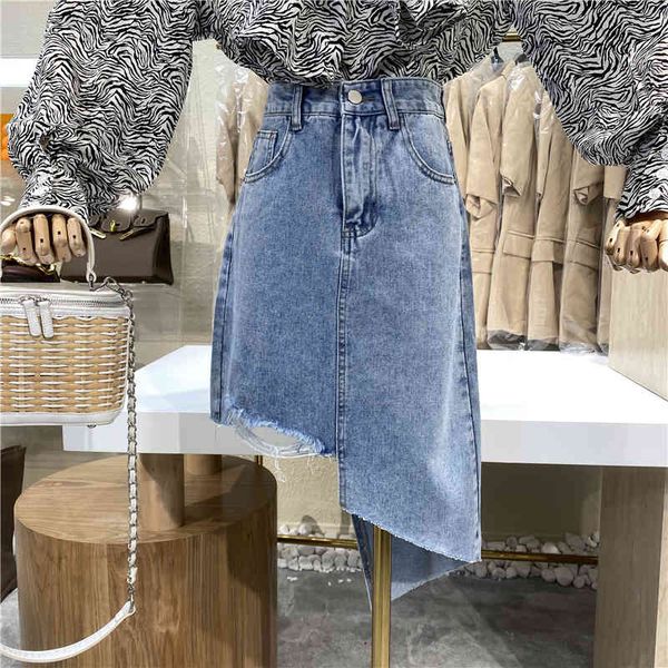 

skirts niche design 2021 torn irregular to-line high waist denim skirt, Black