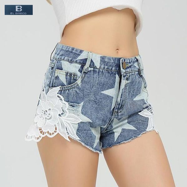 

[el barco] cotton appliques star-print denim shorts women summer casual jeans high waist ripped holes blue female short trousers women', White;black