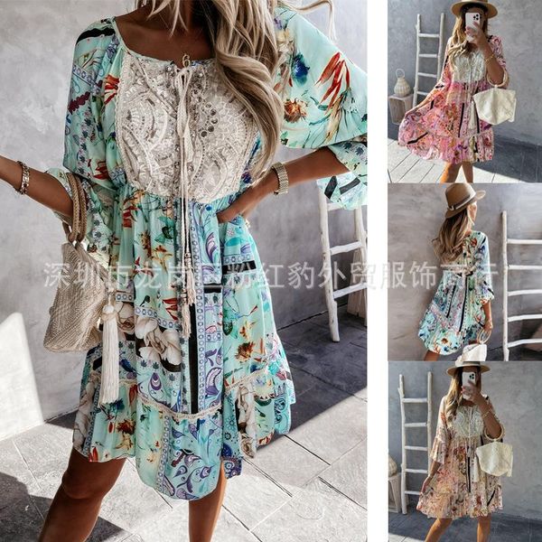 

casual dresses summer women's fashion print mosaic french floral beach skirt, Black;gray