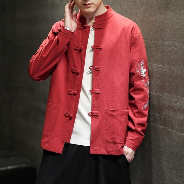 

ethnic clothing chinese style hanfu men tang suit clothes jackets cotton linen embroider oriental japanese streetwear 30483, Red
