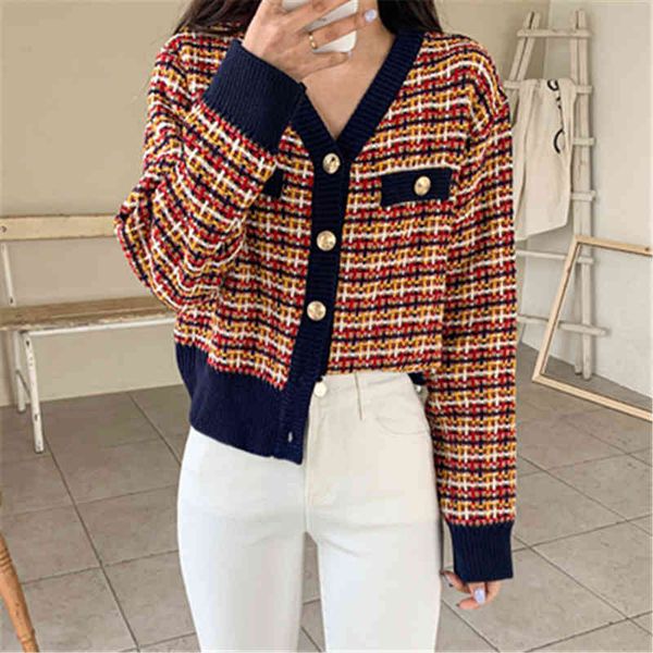 

sweaters elegance gentle v-neck long sleeves koren style early autumn vintage plaid color-hit knitted sweaters, White;black