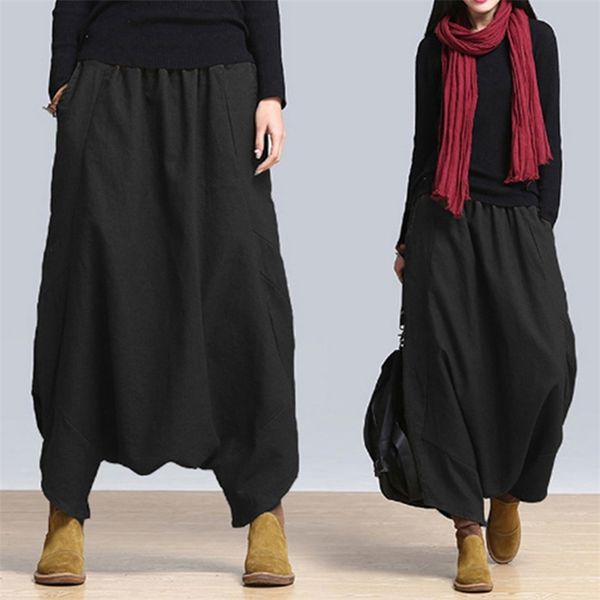 

women casual linen harem pants baggy bottoms fashion solid low crotch female 210925, Black;white