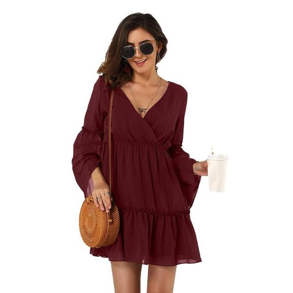 

casual dresses missky women's dress chiffon spring summer v-neck solid color long-sleeve a line mini for female, Black;gray