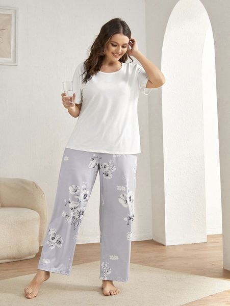 

plus solid tee & floral print pants pj set e1yx#, Black;white