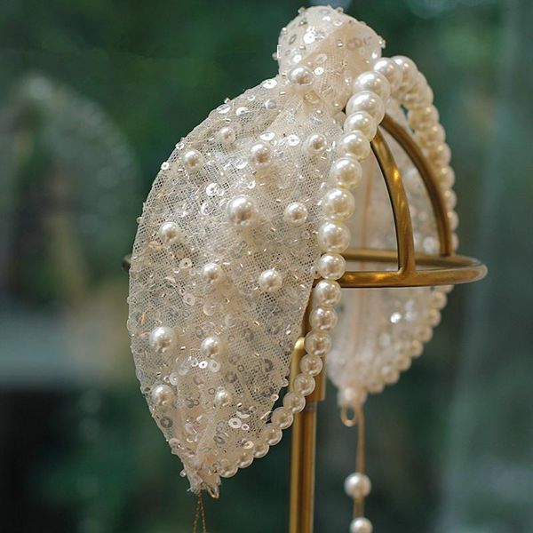 

bridal hair jewelry pearls lace headpieces crown gold headbands tiaras for bride women headdress party wedding accessories, Golden;white