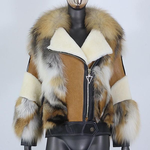 

women's fur & faux cxfs 2021 real coat winter jacket women natural collar sheepskin leather warm outerwear streetwear fashion, Black