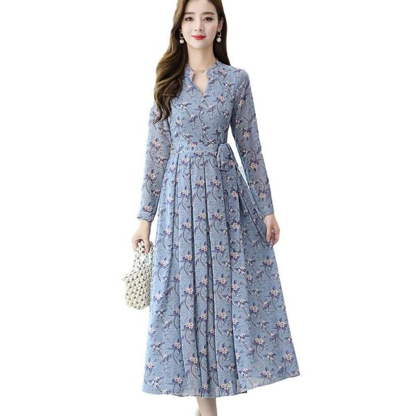 

casual dresses dress missdomi 2021 autumn long-sleeved chiffon print women's with big swing and long skirt, high-end, Black;gray