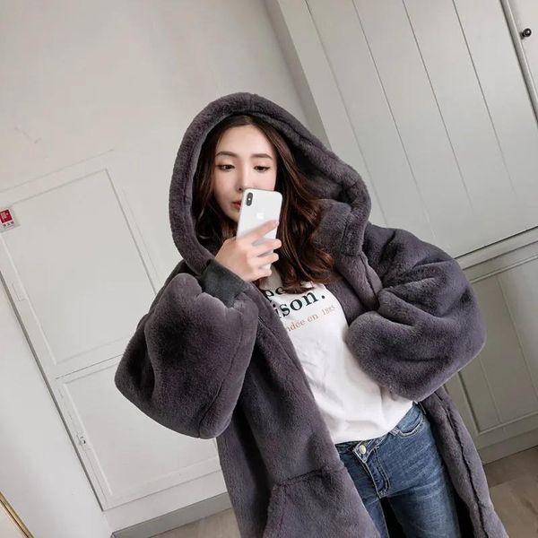 

women's fur & faux winter warm long coat women thick hooded soft furry jacket loose solid pullover sweater outerwear female, Black