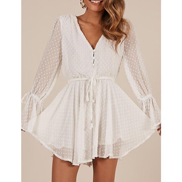 

women chiffon jumpsuit v neck long sleeves bell cuff button dot summer casual playsuit rompers fashion elegant ladies party wear, Black;white