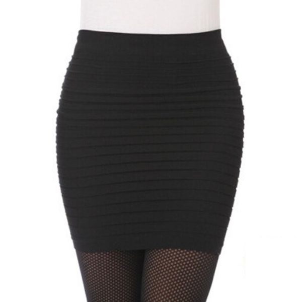

skirts 1pc fashion women's elastic pleated high waist package hip short skirt office with hips, Black