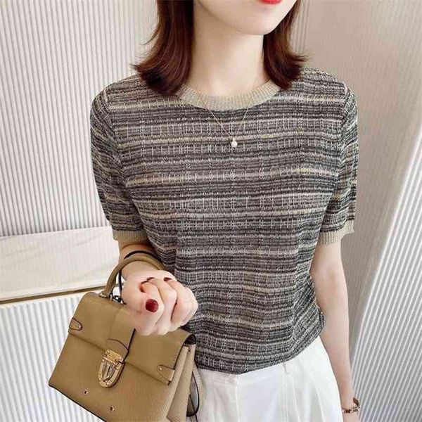 

fashion striped short sleeve t-shirt women korean o-neck knitted summer chic knitwear pullover tee womens clothing 210522, White