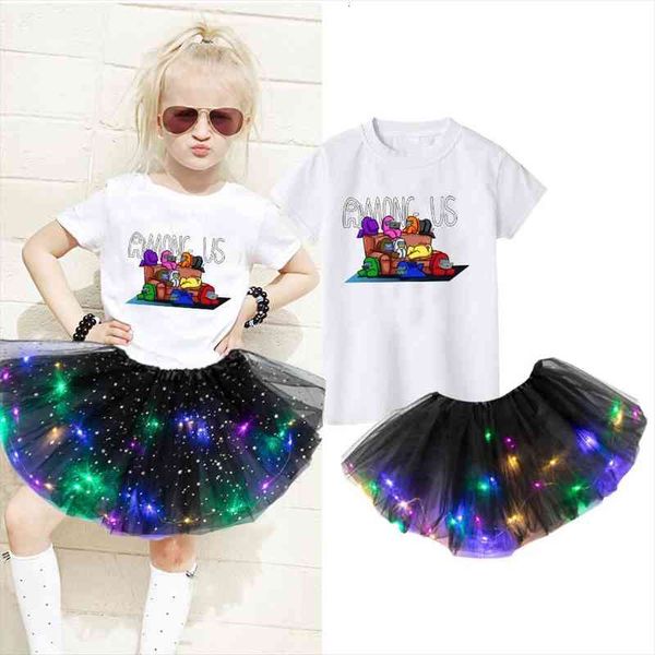 

kids game customization short sleeve t-shirt star shining dress hairpin girls party dress printed birthday tutu dresses, White