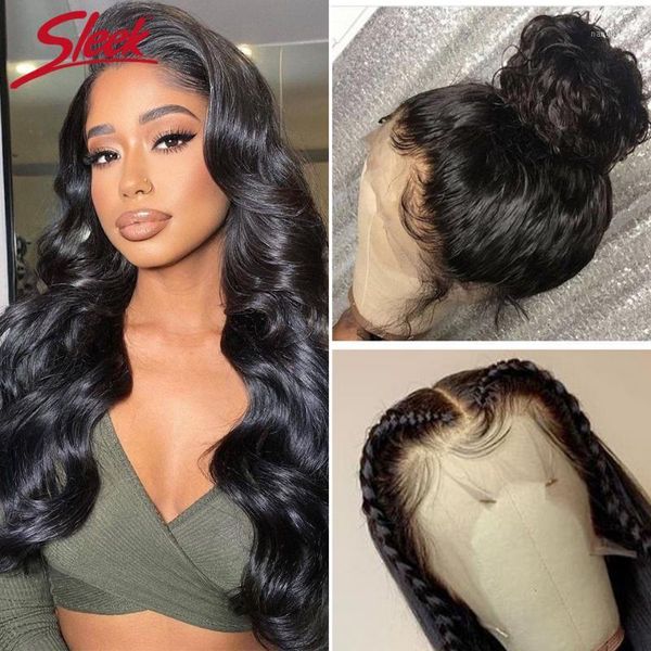 

sleek body wave lace front wig natural hairline human hair wigs brazilian pre-plucked 360 frontal wigs1, Black;brown