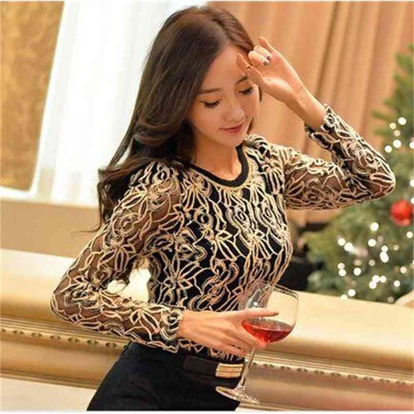 

women's blouses & shirts spring summer style slim long sleeve lace shirts elegant hollow out shirt camisas femeninas 70l bz20, White