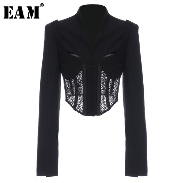 

[eam] women black lace irregular short blazer lapel long sleeve loose fit jacket fashion spring autumn 1y566 210930, White;black