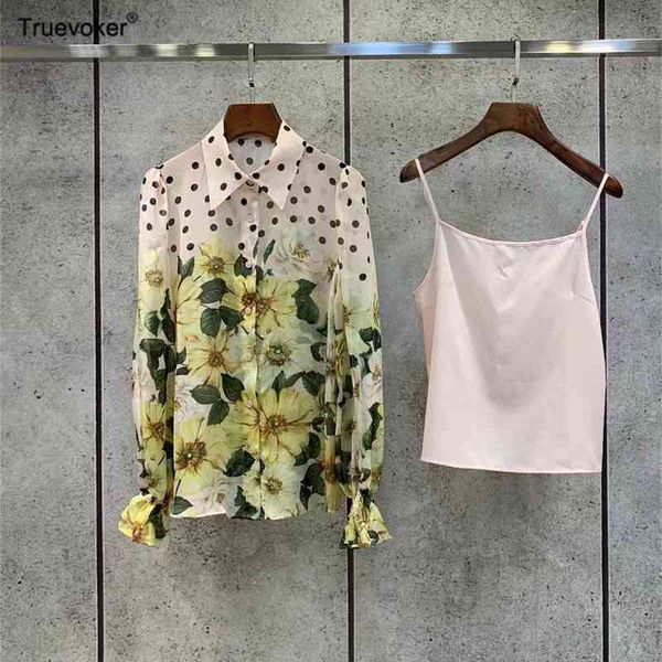 

truevoker european high end fashion 100% silk women lantern sleeve flower print chic picnic blouse designer shirt 210602, White