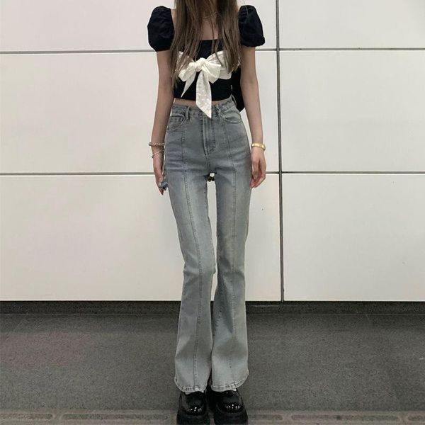 

women's jeans 2021 spring women vintage staright lady button all-match high waist flare pants female casual loose denim trousers f999, Blue