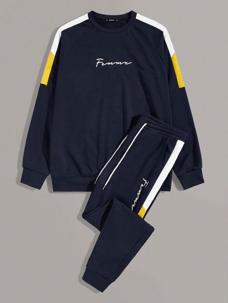 

men contrast sideseam letter pullover and joggers set u5pm#, Gray