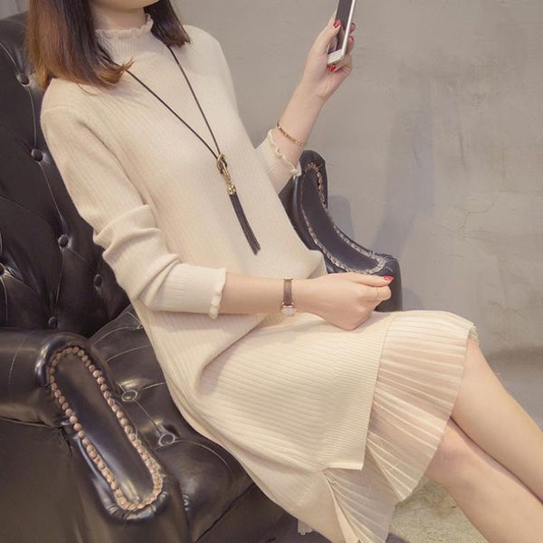 

casual dresses plus size lace splice knitted dress women 2021 autumn winter knitting turtleneck long sleeve warm sweater, Black;gray