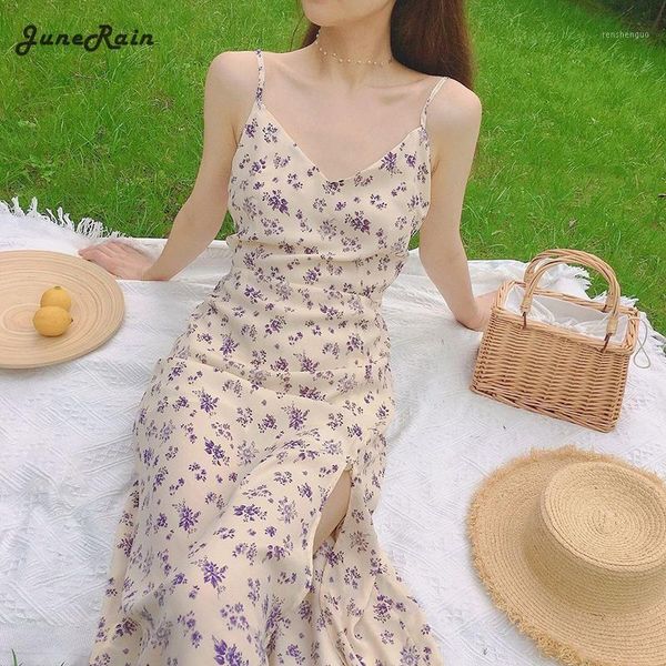 

casual dresses junerain french retro v-neck strap purple floral print chiffon dress womem vintage sweet midi split long 2021, Black;gray