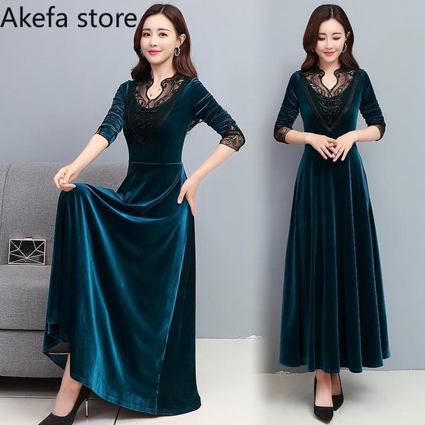 

casual dresses stitching lace hollow out mesh v-neck gold velvet vintage embroidered maxi dress solid evening party fall 2021, Black;gray