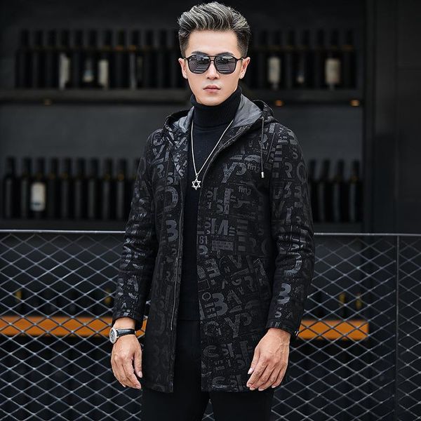 

men's leather & faux autumn hooded jacket 2021 fashion sheepskin long coat casual slim clothing plus size outerwear, Black