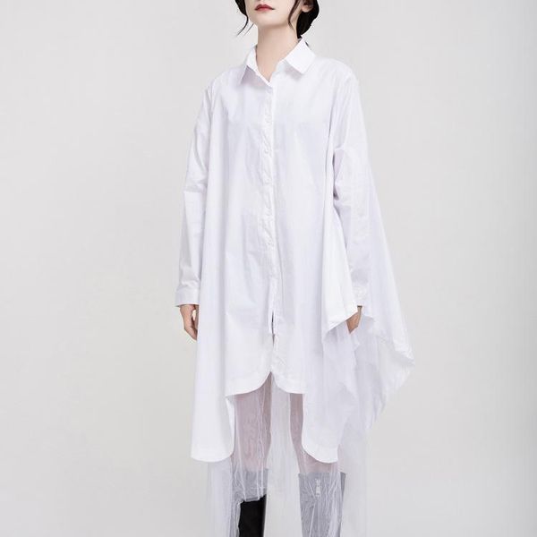 

casual dresses vm women dress mesh patchwork irregular black white shirt asymmetry loose summer 2021 fashion, Black;gray
